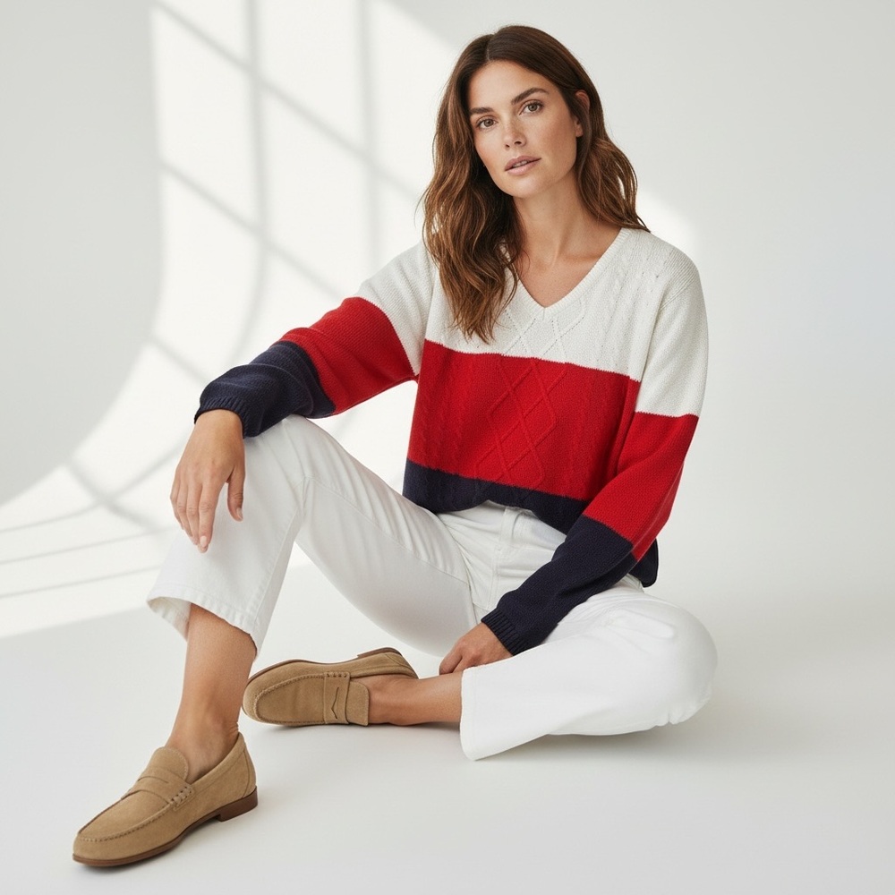 Talbots‎ USA Colorblock Sweater Cotton Red White Blue Preppy V Neck M